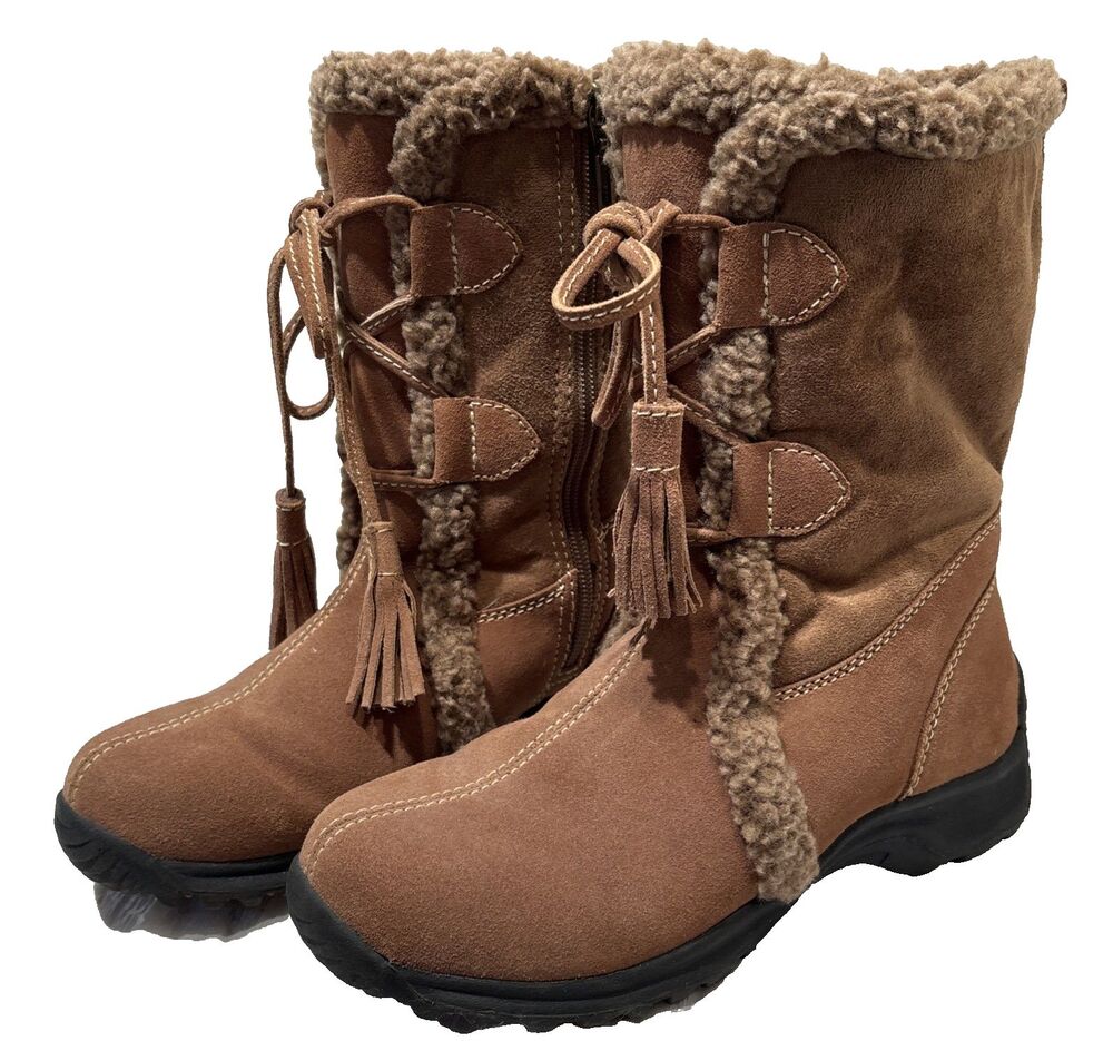 Land's End Leather Suede Shearling Lined Above Ankle Chestnut Winter Boots 6.5B